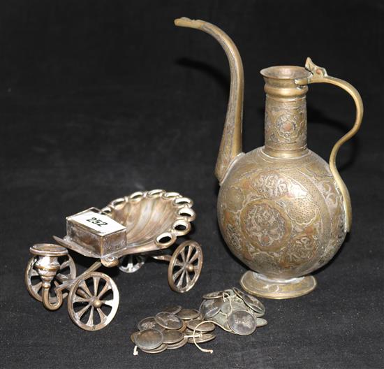 A Cairoware ewer, a cigarette trolley and a group of crested buttons